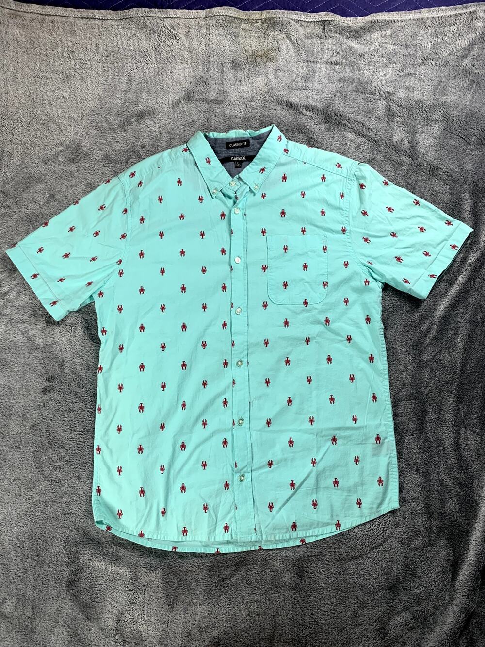 Carbon Shirt Men L Turquoise Classic Fit Button Up Casual Lobster Print Vacation